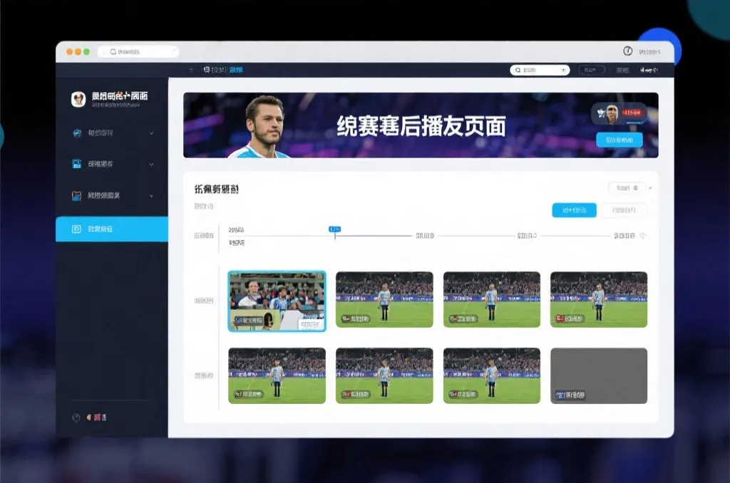 比赛结束后，电视屏幕展示集锦回放页面，旁边有时间轴和多角度切换提示